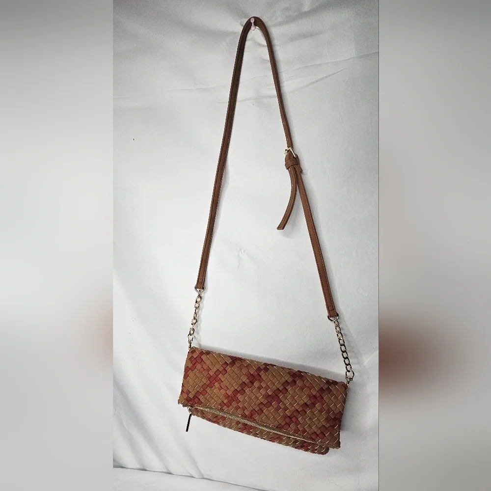 ​Deux Lux Woven Foldover Crossbody Bag Brown Burgundy Weave Chain Strap Clutch